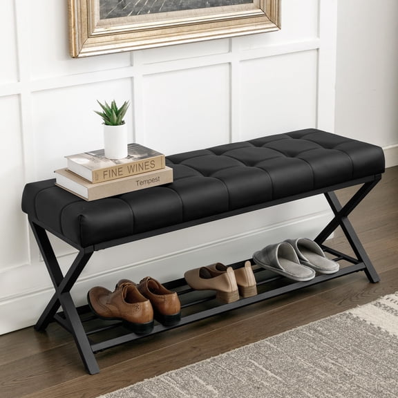 Black Tufted Upholstered Bench with Open Shoe Shelf, Metal X-Legs, Modern