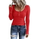 thumbnail image 4 of Prolriy Tops de verano para mujer 2024, camisetas Henley de manga larga para mujer, camisetas ajustadas con botones y cuello redondo, camisetas de punto acanalado, camisetas para mujer, rojo S, 4 of 7