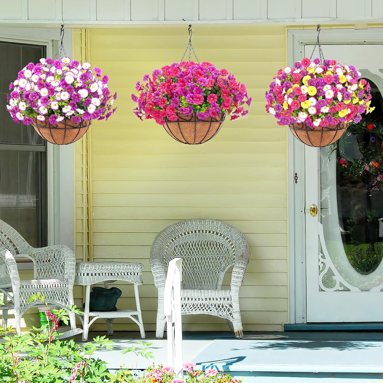 Waipfaru Artificial Hanging Flowers in Basket,Fake Hanging Plants for Outdoors Spring Summer Decoration,UV Resistant Petunias Flower for Garden Porch Patio Balcony Decor