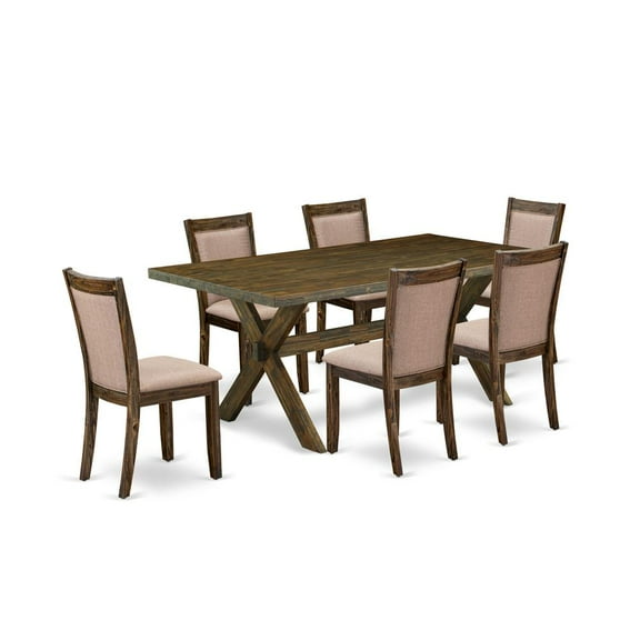 East West Furniture 7 Piece Rustic Dining Table Set - A Distressed Jacobean Top Wooden Table with Trestle Base and 6 Dark Khaki Linen Fabric Dining Chairs - Distressed Jacobean Finish