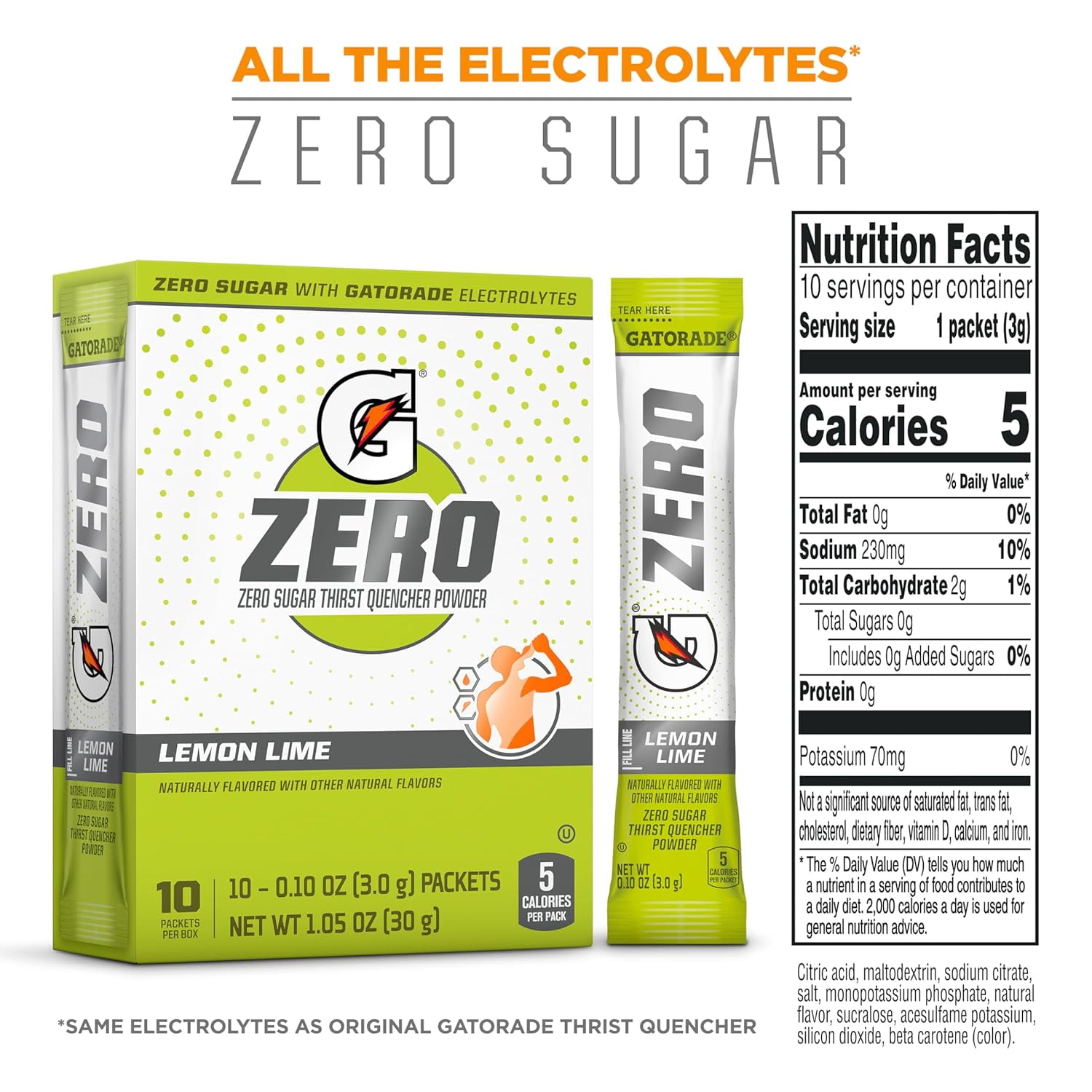 Gatorade G Zero Powder, Lemon Lime, 5 Boxes (50 Packets)