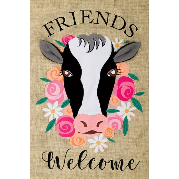 Custom Decor Floral Cow - Friends Welcome - Garden Size, Embroidered Burlap Applique Style, Double Sided Decorative Flag - Approx. 12 Inch X 17.98 Inch