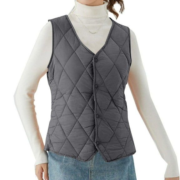 Xyxonk Women Quilted Puffer Vest Sleeveless Collarless Lightweight Button Down Padded Gilet Warm Fleece Lined Coat with Pockets,Dark Gray L