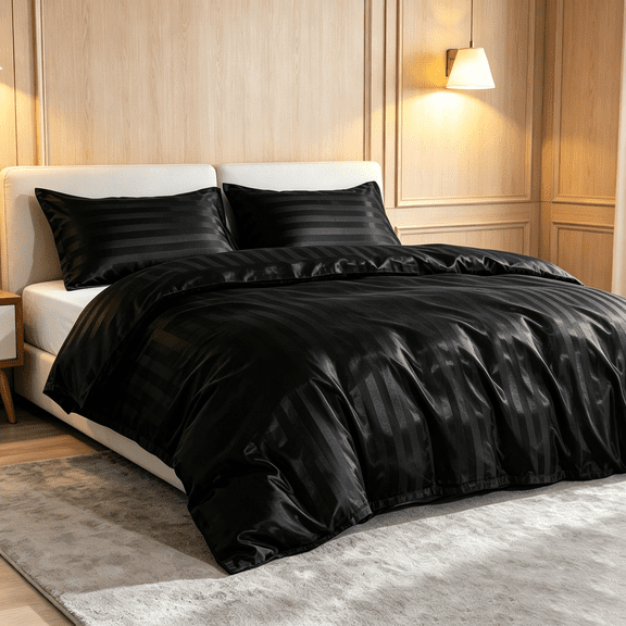 Lorviah 3 Piece Striped Satin Duvet Cover Set Twin Size, Soft & Hair/Skin Friendly, Black