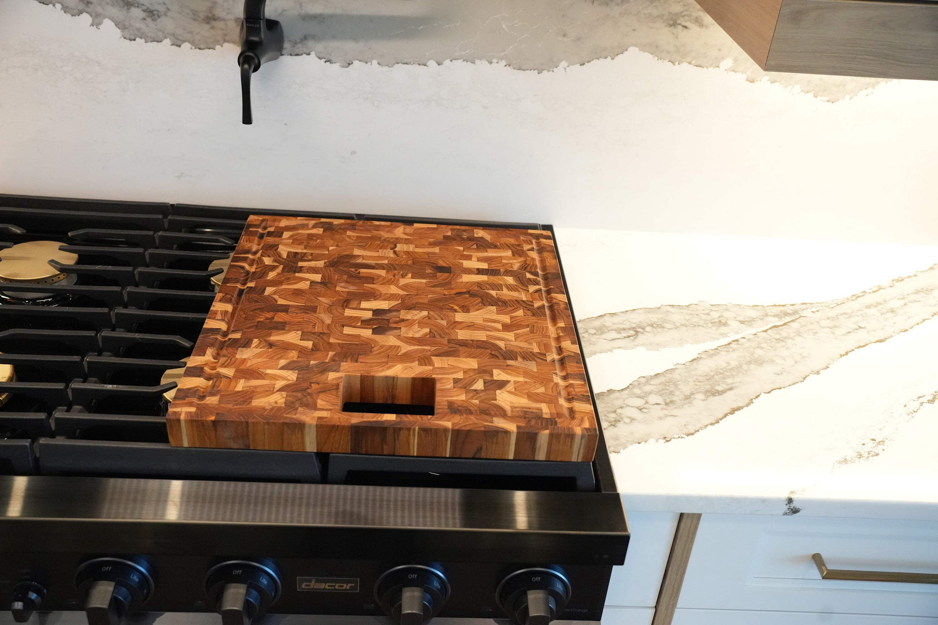 EcoDecors 17" x 18" FSC Teak End Grain Board with Groove, Handles  Chute