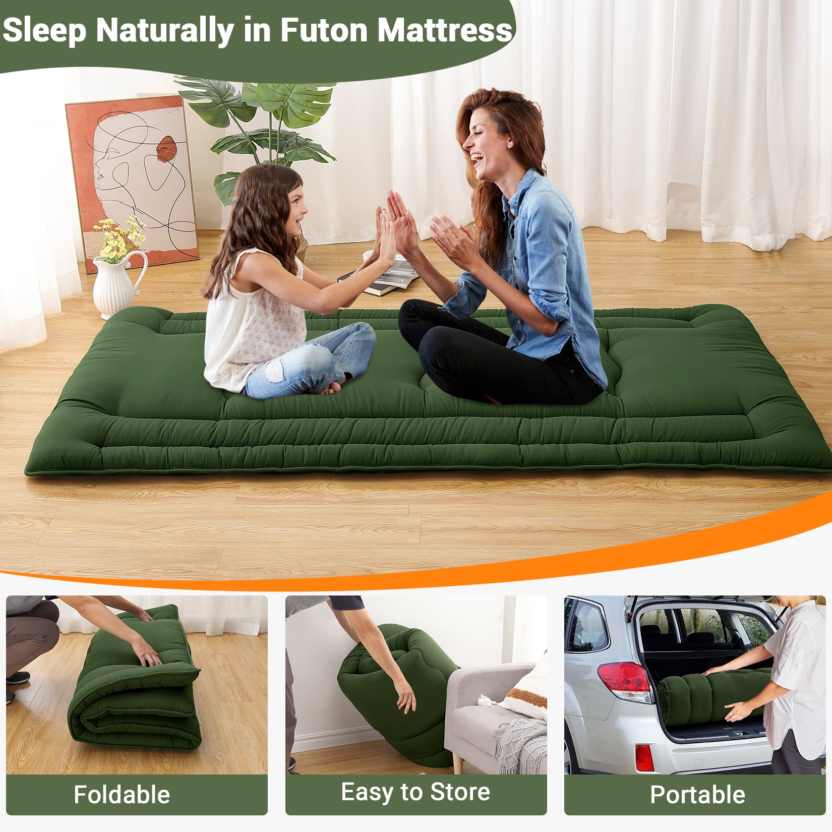 Twin Size Foldable Floor Mattress, Japanese-Style Roll-Up Foam Sleeping Mat, Space-Saving Tatami Floor Bed for Living Room or Bedroom, Army Green