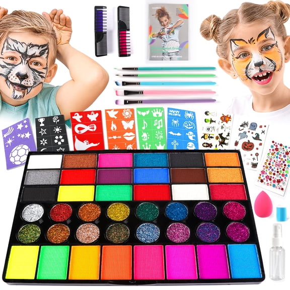 CandWuom Face Painting Kit for Kids –42 Colors Water Based Body Kids Face Painting Kit Includes Hair Chalks Comb, Brushes, Stencils, Professional Makeup Kit for Girl World Cup