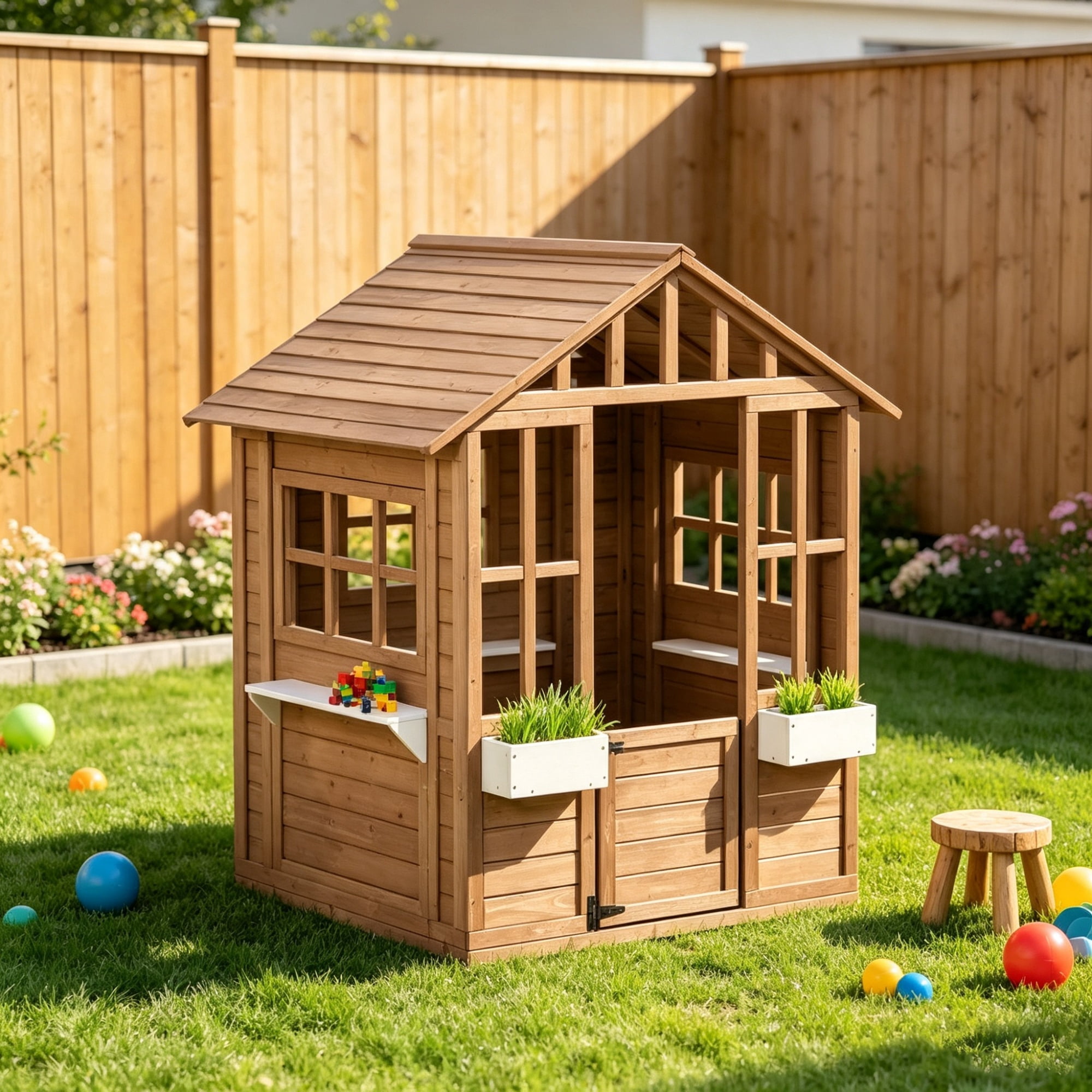 Kids Wooden Outdoor Playhouse, Garden Cottage with Flower Pot Holder & Working