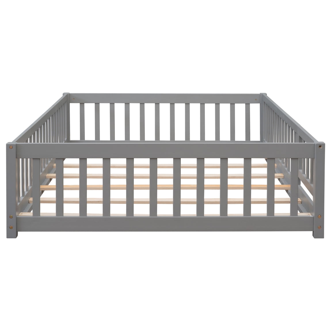 Kids Full Montessori Playpen Floor Bed Frame with Safety Guardrail Fence and Door for Boys Girls Toddlers Baby, 200lbs Load 79.5x41.8x17.5inch, Grey