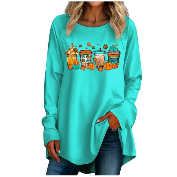 Camiseta estilo pulóver informal de talla grande con cuello redondo y manga larga con estampado retro para mujer