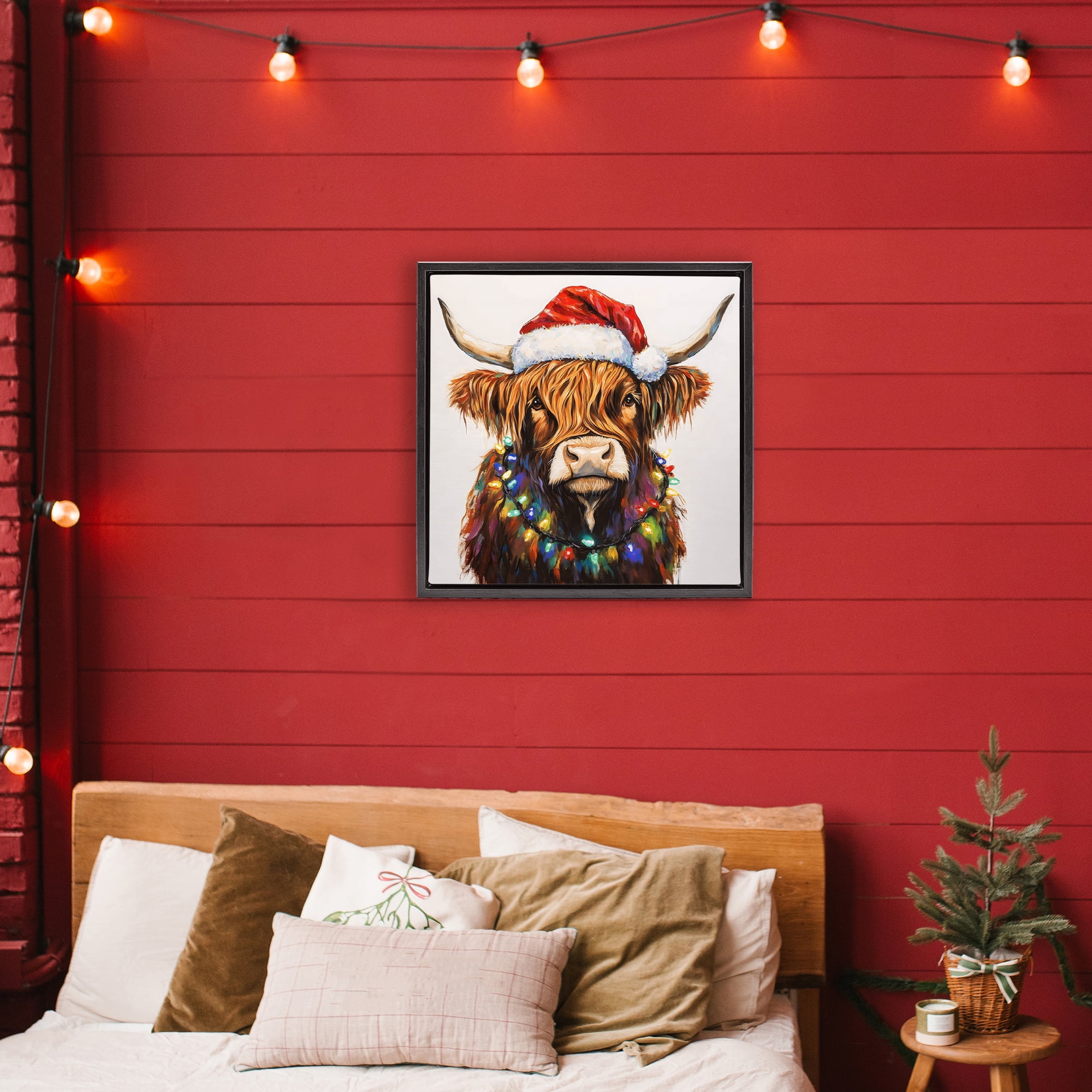 Holiday Lights Bedecked Highland Black Framed Floater Canvas Wall Art, design by Petal Prints Design