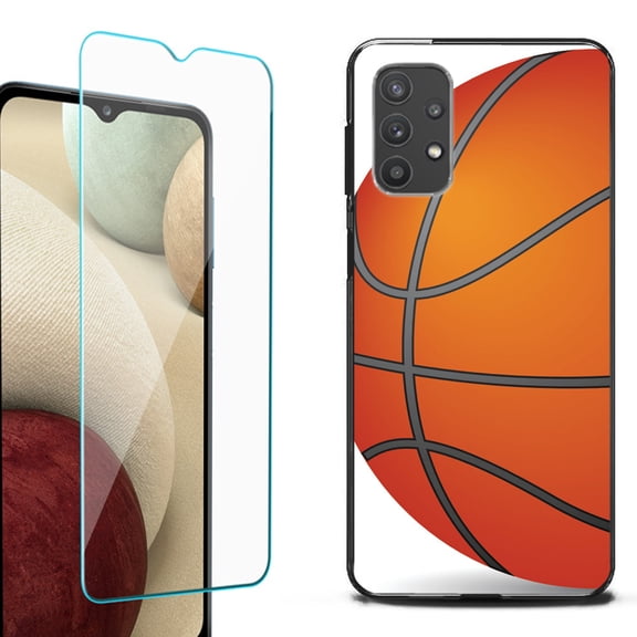 Slim-Fit Flexible TPU Gel Phone Case (black) for Samsung Galaxy A32 5G, with Tempered Glass Screen Protector, by OneToughShield ® - Basketball