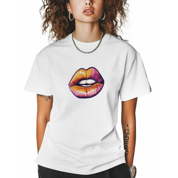 T Shirts for Women Short Sleeve Cotton Crewneck T-Shirt, Kiss Sexy Lip Embroidery Tee Tops Casual Basic T-Shirts, XS-5XL White XS