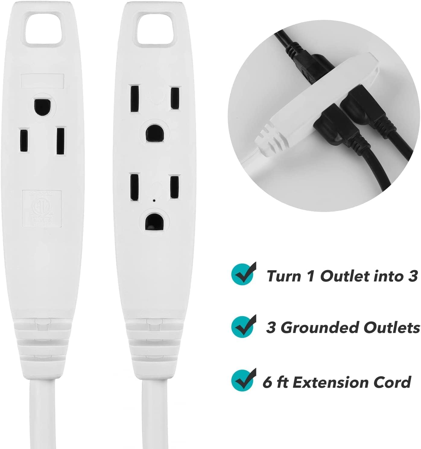 Clear Power 6ft 3 Outlet Indoor Extension Cord White 3 Prong 163 Spt 2 2 Pack 6198