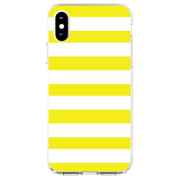 DistinctInk Clear Shockproof Hybrid Case for iPhone XS Max (6.5" Screen) - TPU Bumper, Acrylic Back, Tempered Glass Screen Protector - Yellow & White Bold Horizontal Stripes