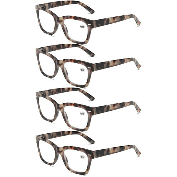 4 Pairs of Thick Oversize Square Reading Glasses for Women and Men, Blue Light Blocking Gray Tortoiseshell Spring Hinge Readers 2.00