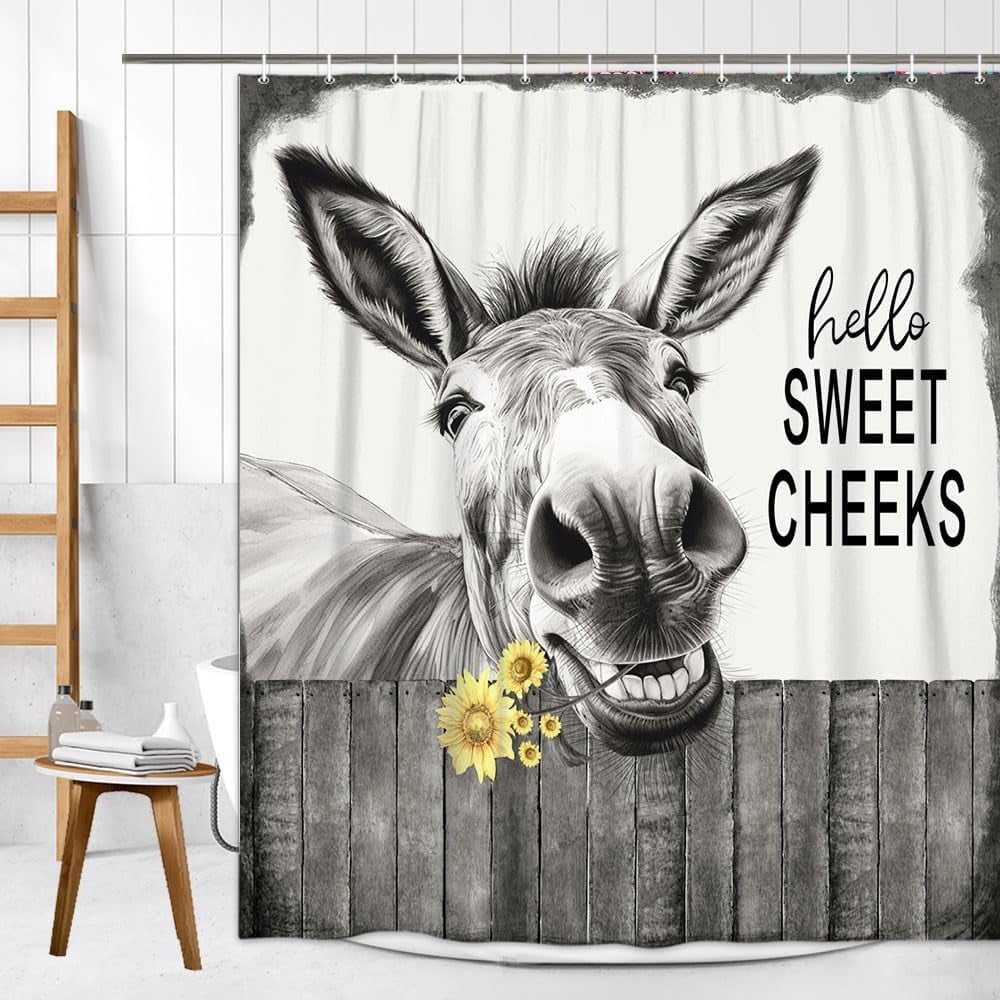 Funny Donkey Shower Curtain, Black and White Farmhouse Farm Animal 72x84 Shower Curtain Set, Gray Hello Sweet Cheeks Rustic Bathroom Decor Curtain with Shower Hooks