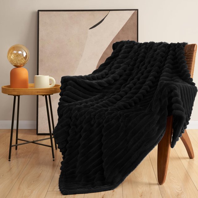 Manta Negra Himeet, Manta Gótica Peluda, Suave Manta Negra De Forro Polar Para Sofá, Diseño De Crestas, Se Lava Muy Bien