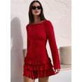 thumbnail image 6 of Women'S Long Sleeve Mini Dress Boat Neck Ruffle Bodycon Mini Flowy Cocktail Party Dresses Red M, 6 of 9