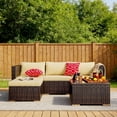 thumbnail image 2 of Zocalo Juego de Muebles de Patio de 5 Piezas: sofá de Exterior con Mesa de Centro de Cristal y Dos Cojines, Conjunto de conversación seccional para Exterior (ratán marrón, cojín Beige), 2 of 7