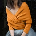 thumbnail image 3 of Oplxuo Women's Wrap V Neck Cropped Sweaters Shawl, 2024 Fall Long Sleeve Cross Front Off Shoulder Solid Knitted Pullover Tops, 3 of 4