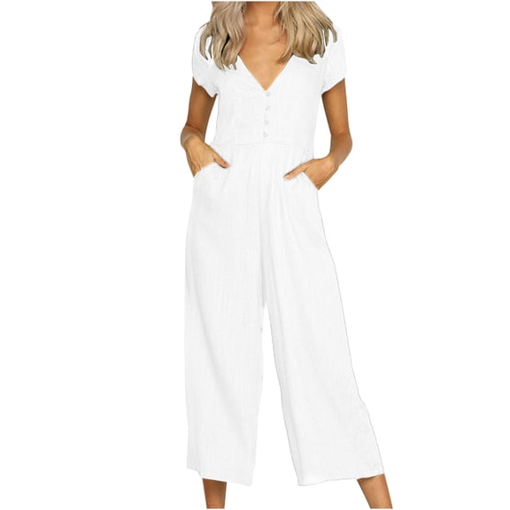 fartey Cotton Linen Jumpsuits for Women Solid Color Button up Pockets Relaxed Romper V Neck Short Sleeve Summer Lounge Onesies