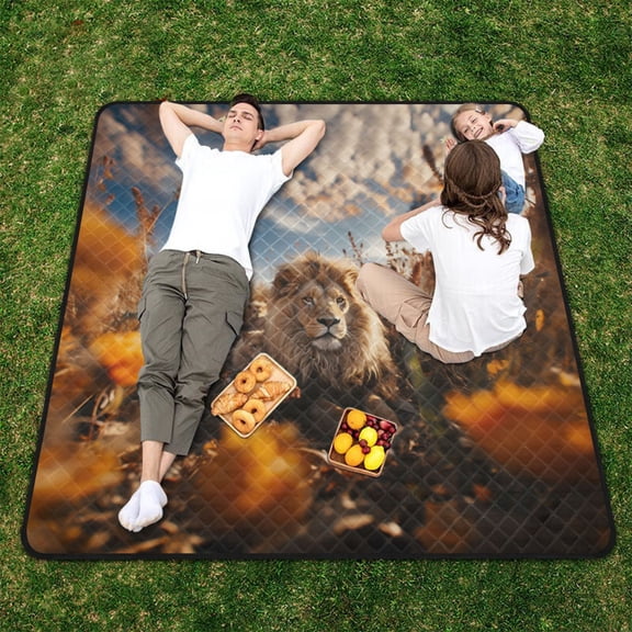 Lion Flowers Sky Grass Beach Blanket Outdoor Picnic Blanket 78"x 78" Waterproof Foldable for Beach Camping Travel Hiking Grass Lawn Park