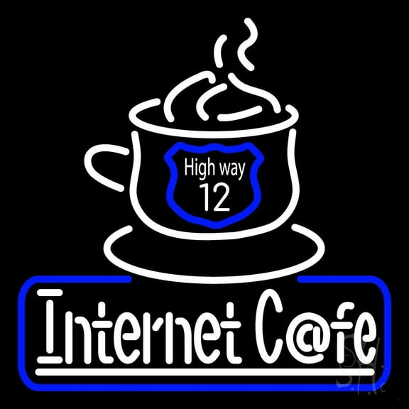 Internet Cafe With Logo LED Neon Sign 16 x 16 - inches, Clear Edge Cut Acrylic Backing, with Dimmer - Bright and Premium built indoor LED Neon Sign for Computer & Electronics store decor.