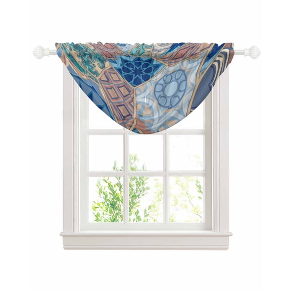 Boho Geometric Sheer Waterfall Valance Curtains for Window, Southwest Abstract Traditional Art Rod Pocket Sheer Topper Swag Curtains for Living Room, Kitchen 38.5"W x 47.2"L, 1 Panel