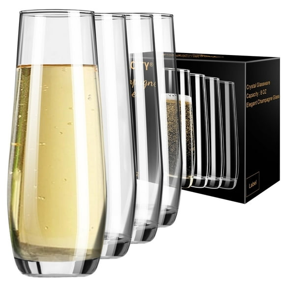 Baalaka Stemless Champagne Glasses Set of 4 - 8oz Lead-Free Glass for Weddings, Birthdays, Holidays