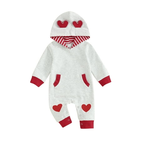 

Shuttle tree Baby Girls Valentine s Day Jumpsuits Gray Long Sleeve Heart Print Hooded Rompers