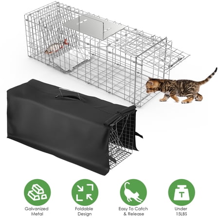 Teqhome Humane Cat Trap 31x12x11” Heavy Duty Folding Live Trap With Waterproof Cover Easy To Catch Release For Stray Cats Raccoons Squirrel Skunk Groundhog Armadillo Rabbit (With Cover)