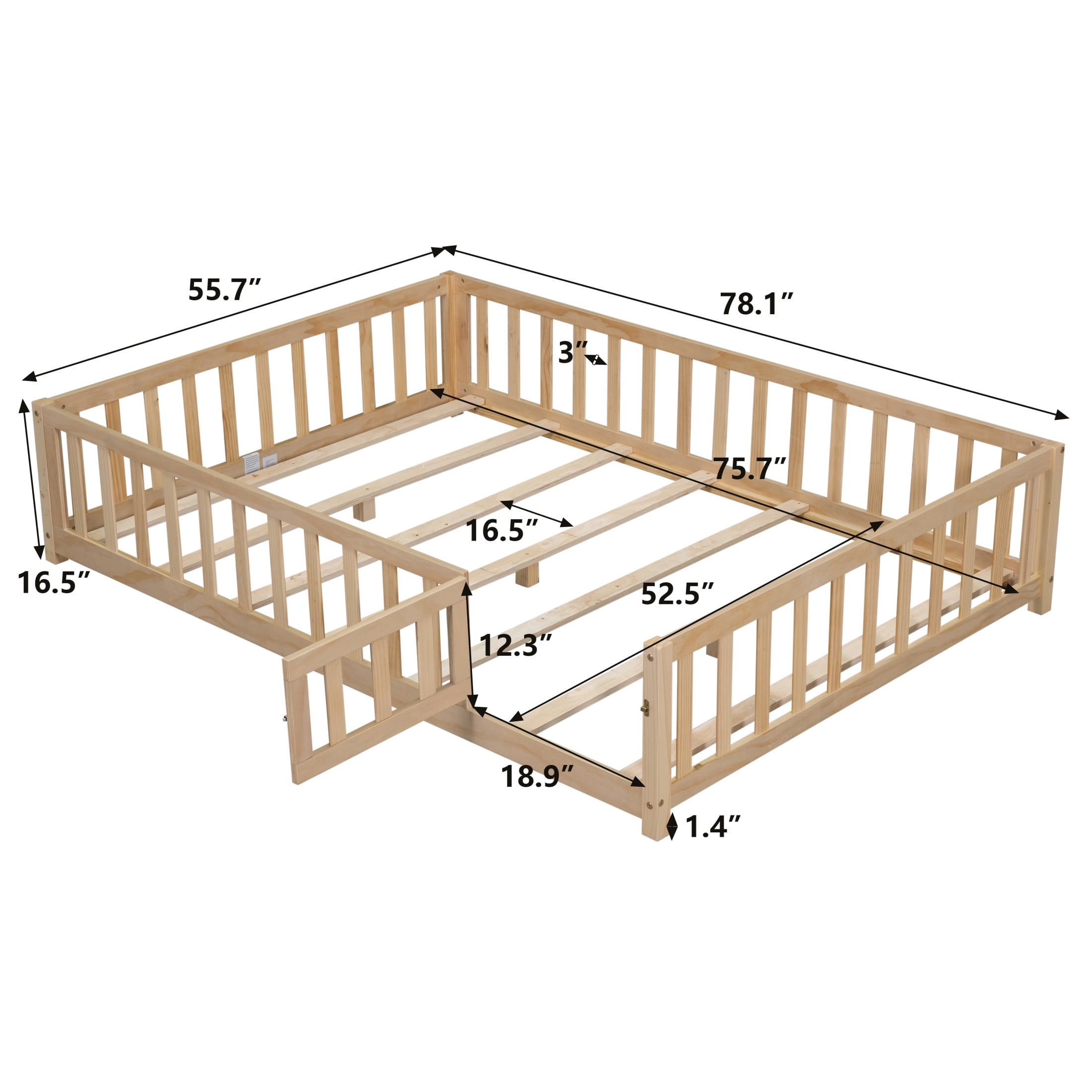 Noble House Full-Size Montessori Floor Platform Bed, Solid Wood Floor Beds with Fence & Door, Toddler-Safe, Natural