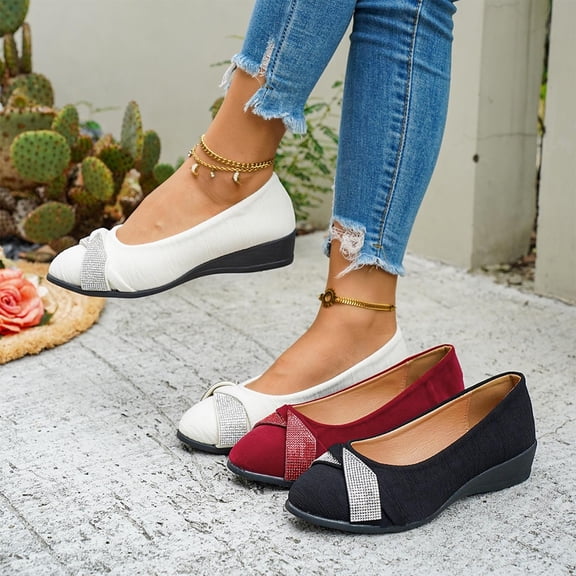 Miluxas Women's Lightweight Rhinestone Wedge Shoes Comfortable Women's Slip-On Flats Round Toe Ballet Shoes Women White 9.5(43)