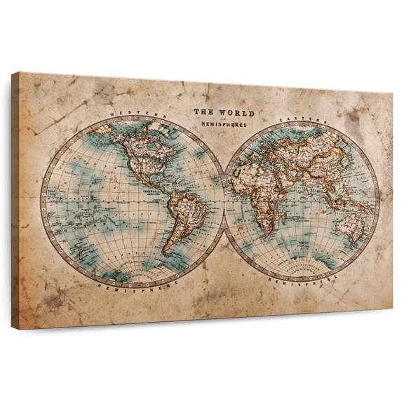 Elephant Stock Hemisphere Map Wall Art - Horizontal Canvas Wall Art - Living Room Wall Decor - Map Canvas - Beige And Blue Decor - 12" x 8"