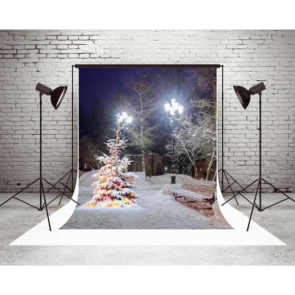 EREHome Polyester Fabric 5x7ft Night Scene Backdrops for Photography Snow Bench Background Photo Studio