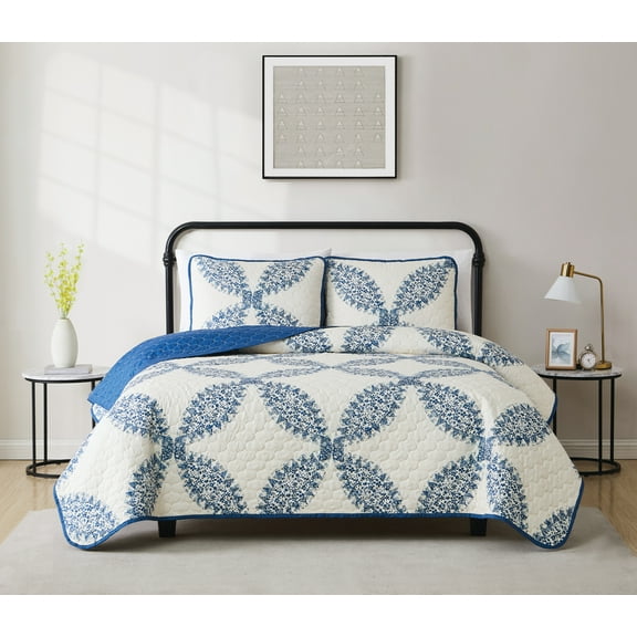 Cannon Abigail 100% Microfiber Polyester 2 Piece Twin Quilt Set in Cream and Blue, All Season, Adult Size, OEKO-TEX Certified