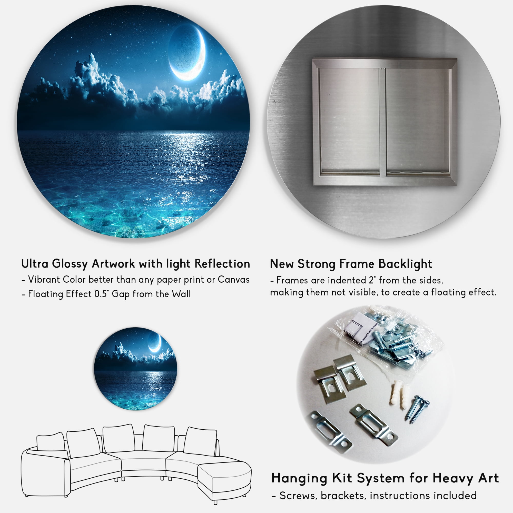 Designart 'Romantic Moon and Clouds Over Deep Blue Sea I' Nautical & Coastal Circle Metal Wall Art 11x11 - Disc of 11