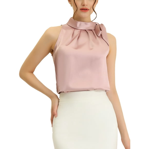 INSPIRE CHIC Women's Elegant Satin Sleeveless Bow Tie Mock Neck Solid Work Blouse Top Medium Pink