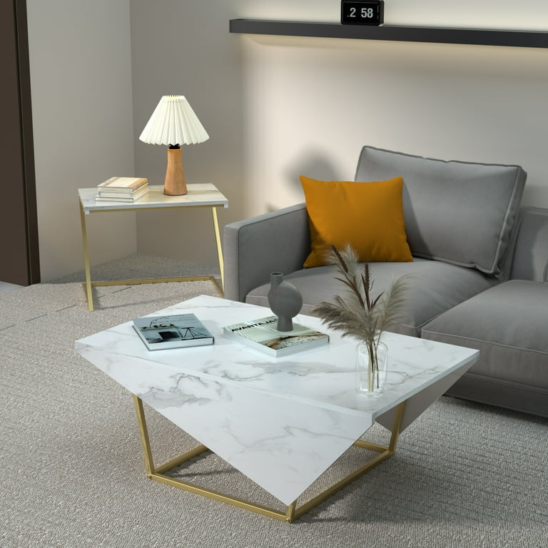 HQZX Modern Nesting Coffee Table Set of 2,Faux Marble Top,Metal