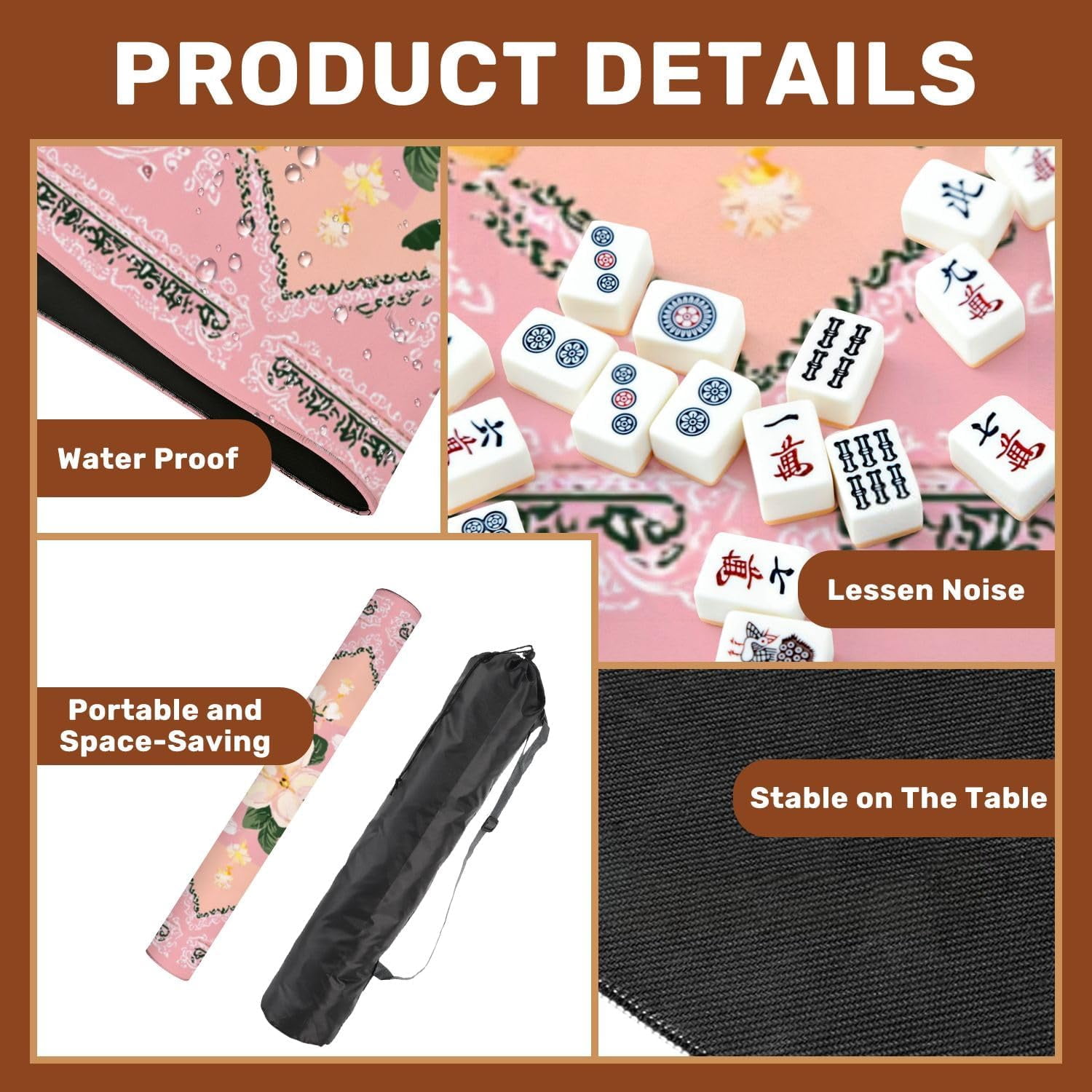 Mahjong Mat 31.5" x 31.5" Floral Bandana Pink Yellow Flowers Soft Pink Non-Slip Noise Reduction Mahjong Tiles Table Cover for Dominoes Poker Card Board and Tile Games
