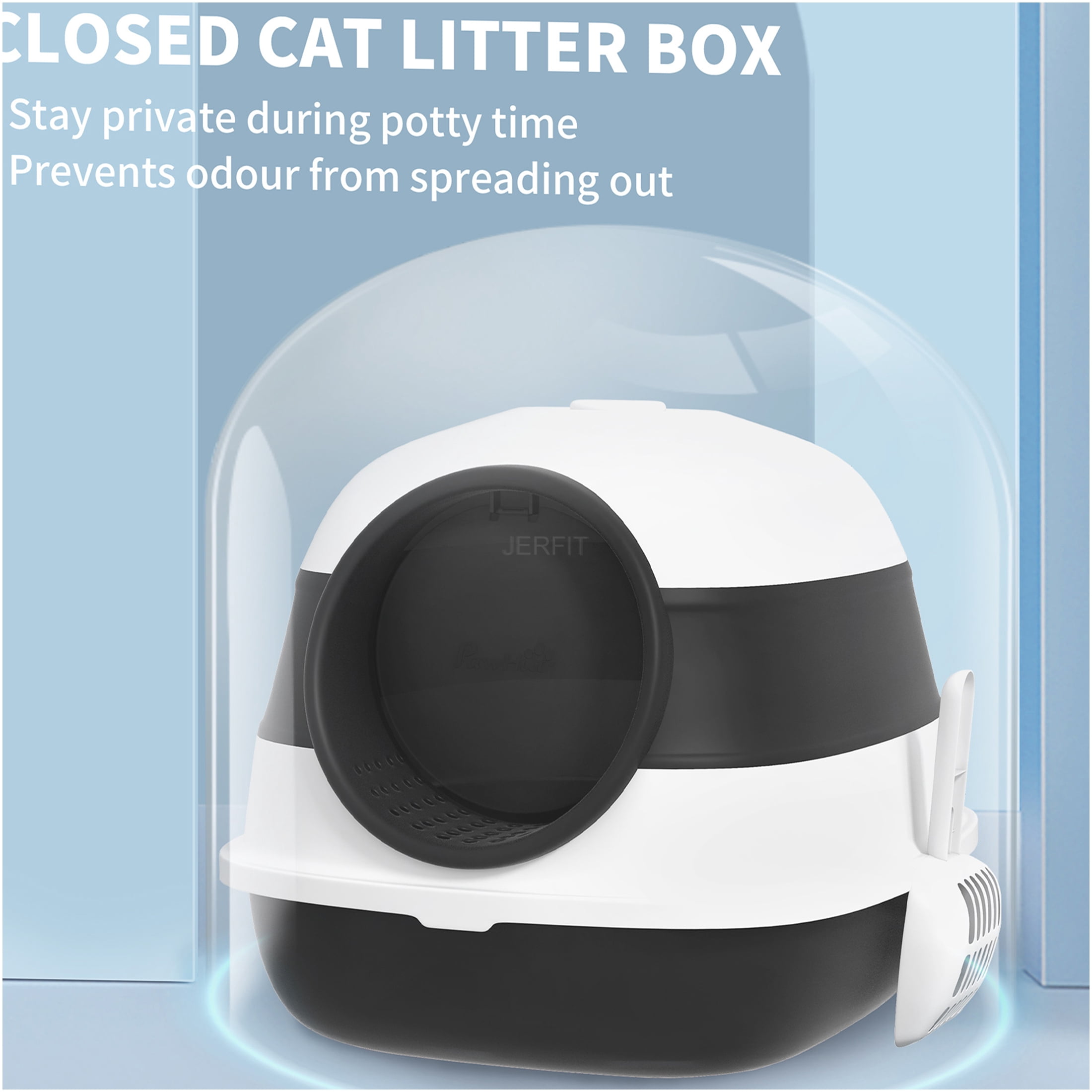 JERFIT Foldable Cat Litter Box Enclosed with Lid, High Sides & Dual Doors for Large Cats, Odor Control Air Freshener, Easy Clean ABS Litter Tray House, Black