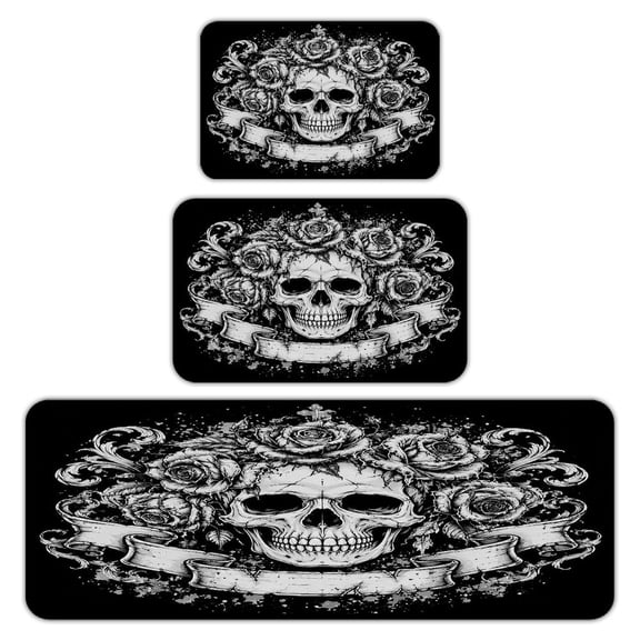 RKSupls Kitchen Rug Set 3 Piece Anti-Slip Flannel Floor Mats, Rose Crown Skull Washable Absorbent Runner Mats for Kitchen Bathroom Home Decor
