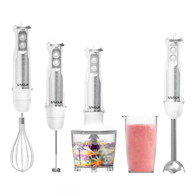 Licuadora batidora de Inmersión Portátil, Savour Juego de Batidor, Espumador, Picadora y Licuadora para Uso en la Cocina, 6 Pzas Blancas