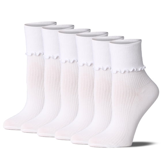 Tipi Toe Womens Classic White Ruffle Trim Quarter Socks - 6 Pair Pack