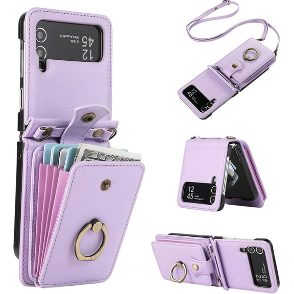 Phone Case for Samsung Galaxy Z Flip 3 5G 2021 Wallet Cell Cover with and Crossbody Strap Ring Stand RFID Credit Slot Card Holder Leather Flip ZFlip3 Z3 Flip3 3Z Women Men Girls Purple
