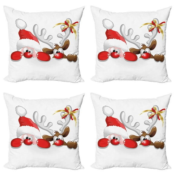 Ambesonne Christmas Throw Pillow Cover 4 Pack, Funny Santa Reindeer, 18", Vermilion Caramel White