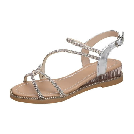 

PEASKJP Womens Sandals Wide Width Casual Espadrille Slide On Platform Sandals Comfort Open Toe Ankle Elastic Strappy Studded Flatform Sandal Shoes (Silver 6.5)