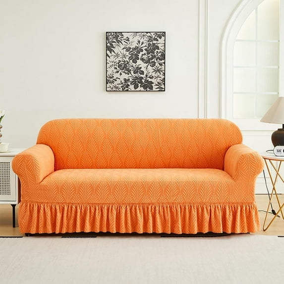 Mictong elastic sofa cover with skirt edge, non slip jacquard universal sofa cover, washable breathable furniture protection cover, suitable for living room, orange, 1 piece