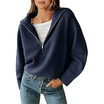 FreshPretty Women’s Casual Long Sleeve Half Zip Pullover Sweaters Solid V Neck Collar Ribbed Knitted Loose Slouchy Jumper Tops